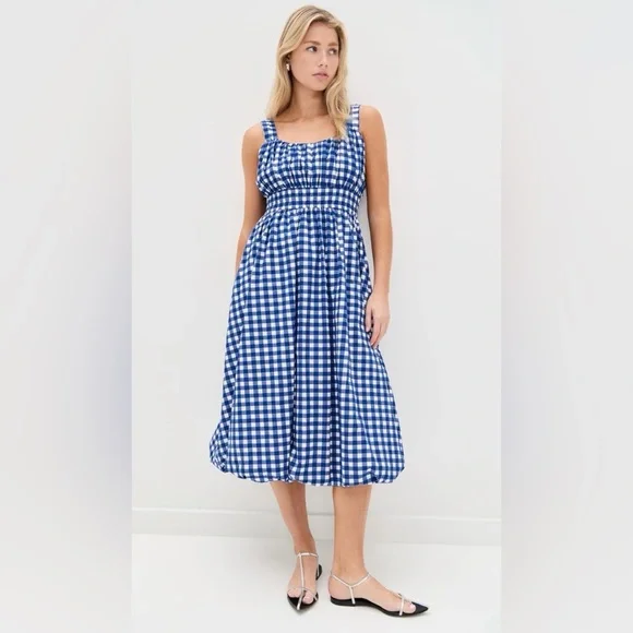 DARLING! NWT Tuckernuck Sea New York Cobalt Gingham Bubble Spring Dress Sz L - Picture 1 of 6
